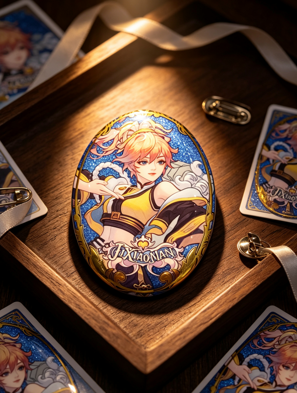 Oval Tin Badge with Glitter Finish