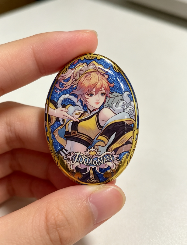 Oval Tin Badge with Glitter Finish
