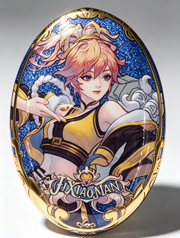 Oval Tin Badge with Glitter Finish