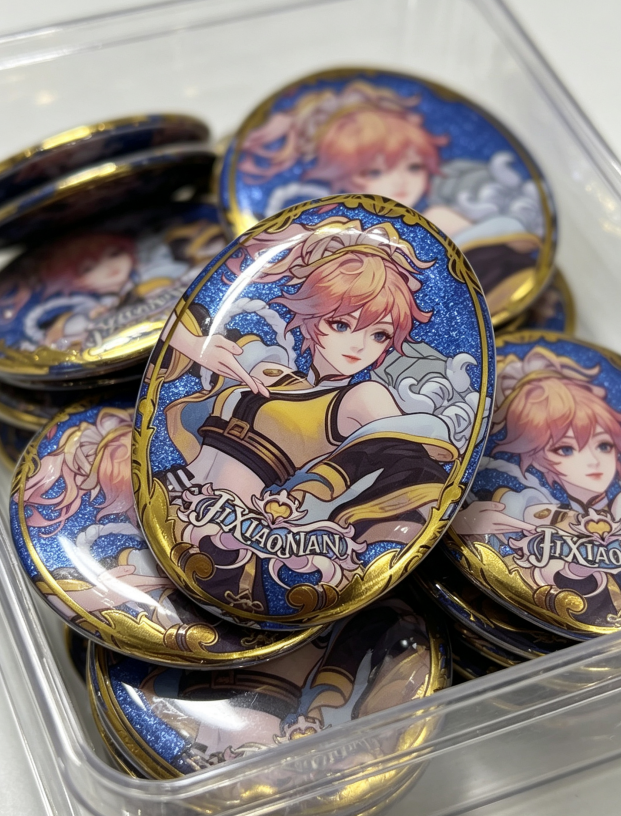 Oval Tin Badge with Glitter Finish